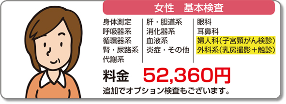 人間ドック　女性　基本料金 52,360円